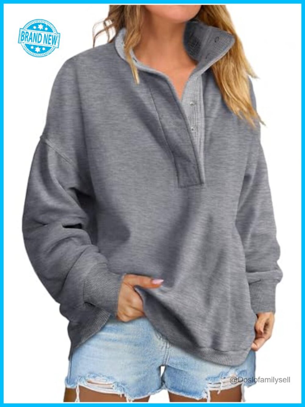 Womens Oversized Mock Neck Henley Sweatshirt Loose Fall Pullover